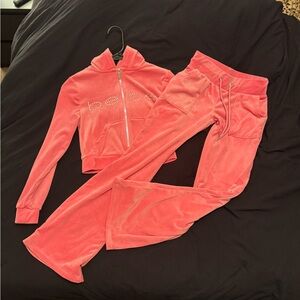 Bebe Pink Velour Track Pants and Jacket Set